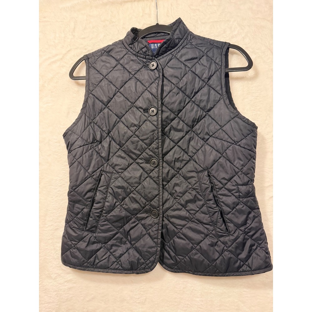 GAP Quilted Vest Womens Medium Blue Diamond Stitch Button Front Mock Neck Puffer
